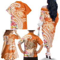 Aloha Lanai Island Personalized Family Matching Off The Shoulder Long Sleeve Dress and Hawaiian Shirt Orange Dreamy Turtle