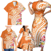 Aloha Lanai Island Personalized Family Matching Short Sleeve Bodycon Dress and Hawaiian Shirt Orange Dreamy Turtle