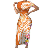 Aloha Lanai Island Personalized Family Matching Short Sleeve Bodycon Dress and Hawaiian Shirt Orange Dreamy Turtle
