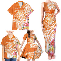 Aloha Lanai Island Personalized Family Matching Tank Maxi Dress and Hawaiian Shirt Orange Dreamy Turtle