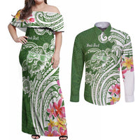 Aloha Molokai Island Personalized Couples Matching Off Shoulder Maxi Dress and Long Sleeve Button Shirt Sage Dreamy Turtle