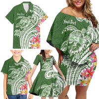 Aloha Molokai Island Personalized Family Matching Off Shoulder Short Dress and Hawaiian Shirt Sage Dreamy Turtle