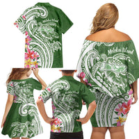 Aloha Molokai Island Personalized Family Matching Off Shoulder Short Dress and Hawaiian Shirt Sage Dreamy Turtle