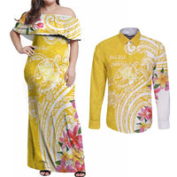 Aloha Oahu Island Personalized Couples Matching Off Shoulder Maxi Dress and Long Sleeve Button Shirt Yellow Dreamy Turtle