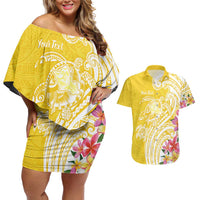 Aloha Oahu Island Personalized Couples Matching Off Shoulder Short Dress and Hawaiian Shirt Yellow Dreamy Turtle