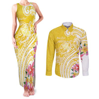 Aloha Oahu Island Personalized Couples Matching Tank Maxi Dress and Long Sleeve Button Shirt Yellow Dreamy Turtle