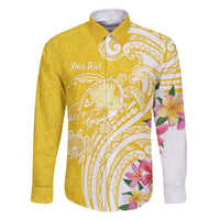 Aloha Oahu Island Personalized Family Matching Off The Shoulder Long Sleeve Dress and Hawaiian Shirt Yellow Dreamy Turtle