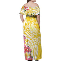 Aloha Oahu Island Personalized Family Matching Off Shoulder Maxi Dress and Hawaiian Shirt Yellow Dreamy Turtle