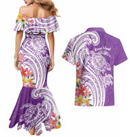 Aloha Kauai Island Personalized Couples Matching Mermaid Dress and Hawaiian Shirt Lilac Dreamy Turtle