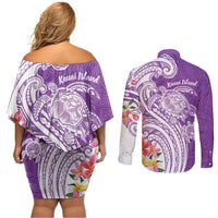 Aloha Kauai Island Personalized Couples Matching Off Shoulder Short Dress and Long Sleeve Button Shirt Lilac Dreamy Turtle LT7 - Polynesian Pride
