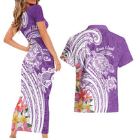 Aloha Kauai Island Personalized Couples Matching Short Sleeve Bodycon Dress and Hawaiian Shirt Lilac Dreamy Turtle
