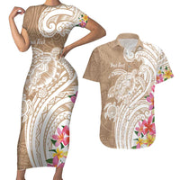 Aloha Ni’ihau Island Personalized Couples Matching Short Sleeve Bodycon Dress and Hawaiian Shirt Beige Dreamy Turtle