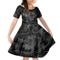 Hawaii Father's Day Vintage Lei Family Matching Off The Shoulder Long Sleeve Dress and Hawaiian Shirt Hauoli la Makuakane - Black LT7 Daughter's Dress Black - Polynesian Pride