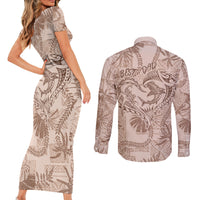 Hawaii Father's Day Vintage Lei Couples Matching Short Sleeve Bodycon Dress and Long Sleeve Button Shirt Hauoli la Makuakane - Beige