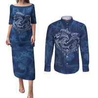 Hawaii Father's Day Vintage Lei Couples Matching Puletasi and Long Sleeve Button Shirt Hauoli la Makuakane - Blue LT7 Blue - Polynesian Pride