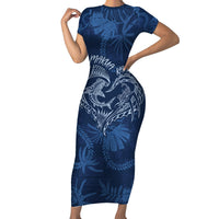 Hawaii Father's Day Vintage Lei Family Matching Short Sleeve Bodycon Dress and Hawaiian Shirt Hauoli la Makuakane - Blue LT7 Mom's Dress Blue - Polynesian Pride