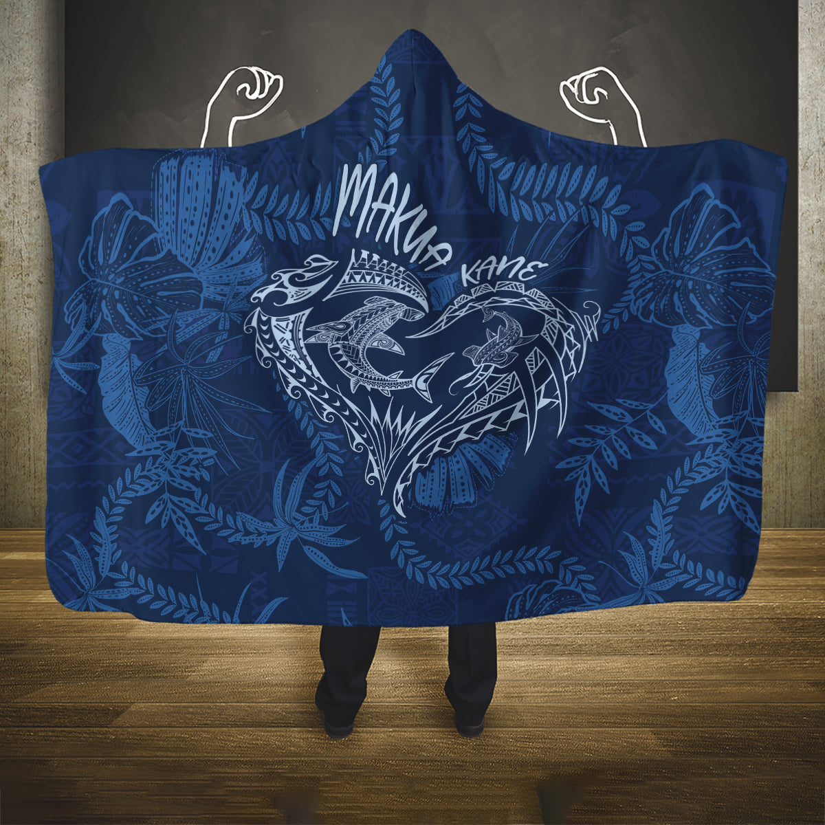 Hawaii Father's Day Vintage Lei Hooded Blanket Hauoli la Makuakane - Blue