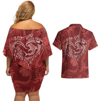 Hawaii Father's Day Vintage Lei Couples Matching Off Shoulder Short Dress and Hawaiian Shirt Hauoli la Makuakane - Red