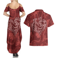 Hawaii Father's Day Vintage Lei Couples Matching Summer Maxi Dress and Hawaiian Shirt Hauoli la Makuakane - Red