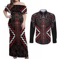 Maori Taiaha Whakairo Personalized Couples Matching Off Shoulder Maxi Dress and Long Sleeve Button Shirt Red Poutama Motifs