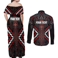 Maori Taiaha Whakairo Personalized Couples Matching Off Shoulder Maxi Dress and Long Sleeve Button Shirt Red Poutama Motifs
