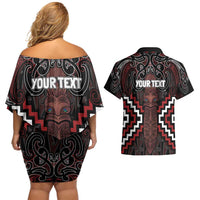 Maori Taiaha Whakairo Personalized Couples Matching Off Shoulder Short Dress and Hawaiian Shirt Red Poutama Motifs