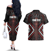 Maori Taiaha Whakairo Personalized Couples Matching Off The Shoulder Long Sleeve Dress and Hawaiian Shirt Red Poutama Motifs