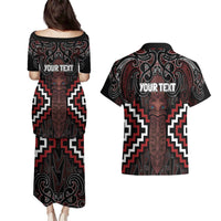 Maori Taiaha Whakairo Personalized Couples Matching Puletasi and Hawaiian Shirt Red Poutama Motifs