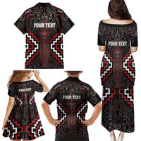 Maori Taiaha Whakairo Personalized Family Matching Puletasi and Hawaiian Shirt Red Poutama Motifs
