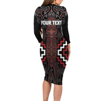 Maori Taiaha Whakairo Personalized Long Sleeve Bodycon Dress Red Poutama Motifs