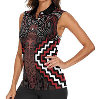 Maori Taiaha Whakairo Personalized Women Sleeveless Polo Shirt Red Poutama Motifs
