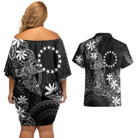 Black Kuki Airani Tapakau Couples Matching Off Shoulder Short Dress and Hawaiian Shirt Tribal Anchor Mix Tiare
