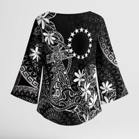 Black Kuki Airani Tapakau Kimono Sleeve Blouse Tribal Anchor Mix Tiare
