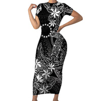 Black Kuki Airani Tapakau Short Sleeve Bodycon Dress Tribal Anchor Mix Tiare