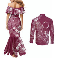 Maroon Kuki Airani Tapakau Couples Matching Mermaid Dress and Long Sleeve Button Shirt Tribal Anchor Mix Tiare