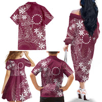 Maroon Kuki Airani Tapakau Family Matching Off The Shoulder Long Sleeve Dress and Hawaiian Shirt Tribal Anchor Mix Tiare