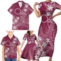 Maroon Kuki Airani Tapakau Family Matching Short Sleeve Bodycon Dress and Hawaiian Shirt Tribal Anchor Mix Tiare