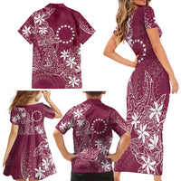 Maroon Kuki Airani Tapakau Family Matching Short Sleeve Bodycon Dress and Hawaiian Shirt Tribal Anchor Mix Tiare