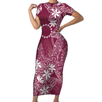 Maroon Kuki Airani Tapakau Short Sleeve Bodycon Dress Tribal Anchor Mix Tiare