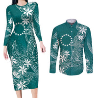Teal Kuki Airani Tapakau Couples Matching Long Sleeve Bodycon Dress and Long Sleeve Button Shirt Tribal Anchor Mix Tiare