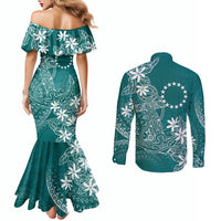 Teal Kuki Airani Tapakau Couples Matching Mermaid Dress and Long Sleeve Button Shirt Tribal Anchor Mix Tiare