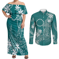 Teal Kuki Airani Tapakau Couples Matching Off Shoulder Maxi Dress and Long Sleeve Button Shirt Tribal Anchor Mix Tiare LT7 Teal - Polynesian Pride