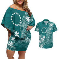 Teal Kuki Airani Tapakau Couples Matching Off Shoulder Short Dress and Hawaiian Shirt Tribal Anchor Mix Tiare