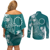 Teal Kuki Airani Tapakau Couples Matching Off Shoulder Short Dress and Long Sleeve Button Shirt Tribal Anchor Mix Tiare