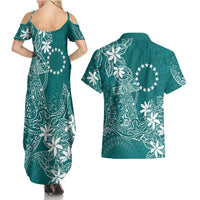 Teal Kuki Airani Tapakau Couples Matching Summer Maxi Dress and Hawaiian Shirt Tribal Anchor Mix Tiare