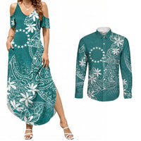 Teal Kuki Airani Tapakau Couples Matching Summer Maxi Dress and Long Sleeve Button Shirt Tribal Anchor Mix Tiare LT7 Teal - Polynesian Pride