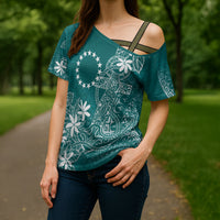 Teal Kuki Airani Tapakau Cross Shoulder Shirt Tribal Anchor Mix Tiare