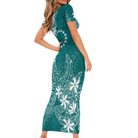 Teal Kuki Airani Tapakau Family Matching Short Sleeve Bodycon Dress and Hawaiian Shirt Tribal Anchor Mix Tiare