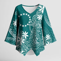 Teal Kuki Airani Tapakau Kimono Sleeve Blouse Tribal Anchor Mix Tiare