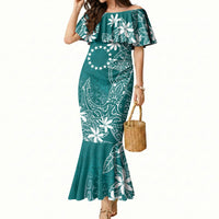 Teal Kuki Airani Tapakau Mermaid Dress Tribal Anchor Mix Tiare LT7 Women Teal - Polynesian Pride